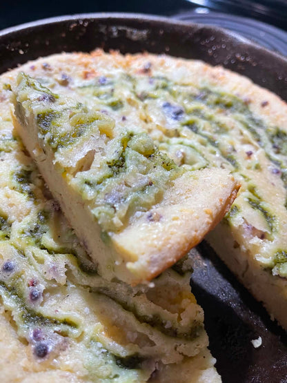 Lavender White Cornbread Mix with Jalapenos and Green Hot Sauce