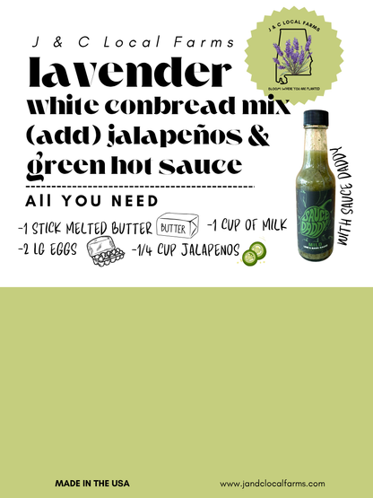 Lavender White Cornbread Mix with Jalapenos and Green Hot Sauce